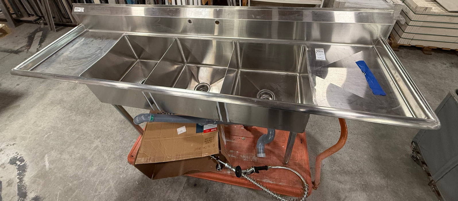 Commerical Grade 90 in. Three Compartment Stainless Steel Sink With Rinsing Assembly and Faucet (new)