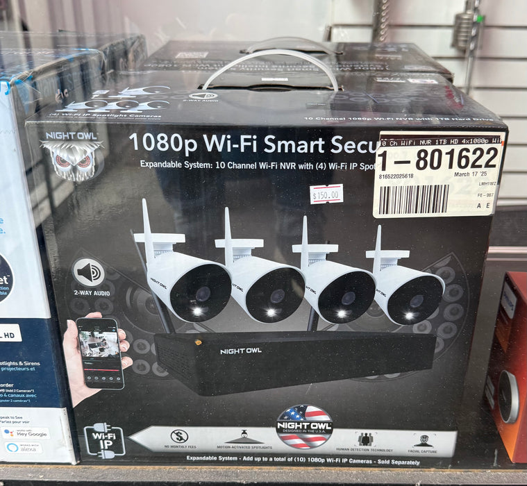 Night Owl 10-Channel 1080P 1TB NVR Security Camera System with 4 AC Wireless Bullet Spotlight Cameras (new)
