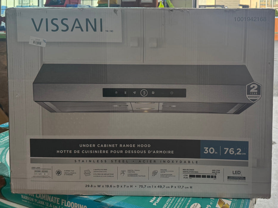 Vissani 30 inch 660CFM Under Cabinet Range Hood with 6 Speed Setting and Touch Controls in Stainless Steel (new)