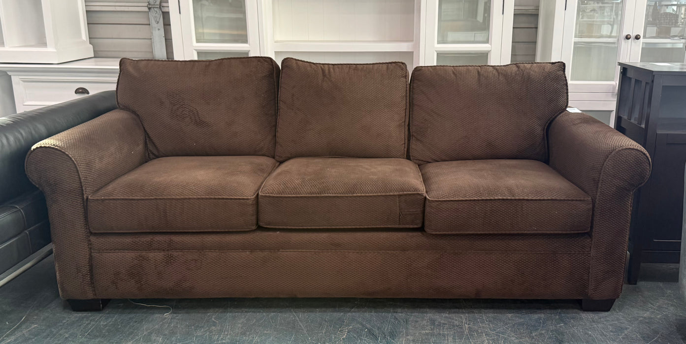 Classic Rolled-Arm 3-Cushion Sofa in Chocolate Brown Textured Fabric (used)
