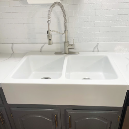 Sinkology Josephine Crisp White Fireclay 34" Double Bowl Quick-Fit Drop-In Farmhouse Kitchen Sink with 3 Holes (New)