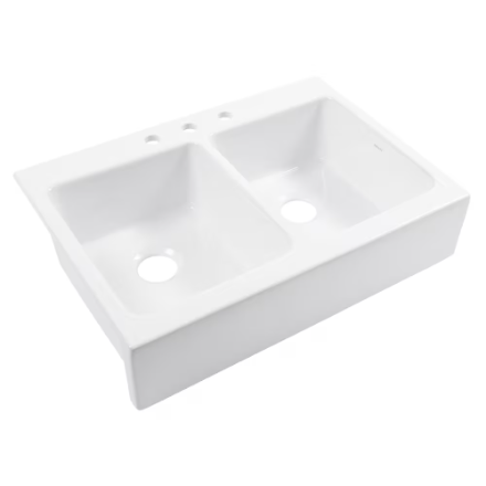 Sinkology Josephine Crisp White Fireclay 34" Double Bowl Quick-Fit Drop-In Farmhouse Kitchen Sink with 3 Holes (New)