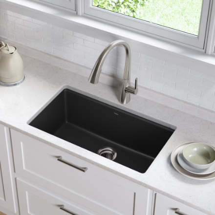 Kraus Undermount Granite Composite 32-inch Single Basin Kitchen Sink Kit in Black (New)