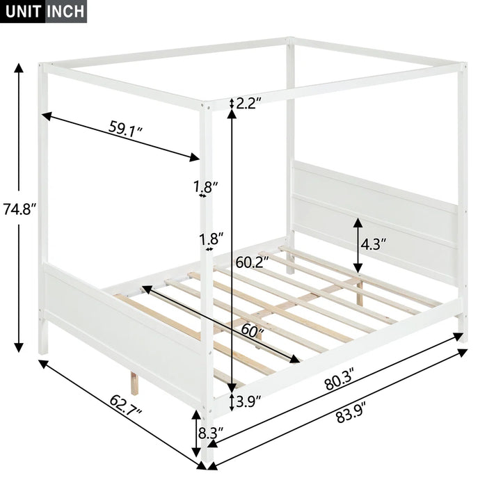 Solid Wood Canopy Bed Frame - Colour White, Size Queen - YP254-N701P254917W