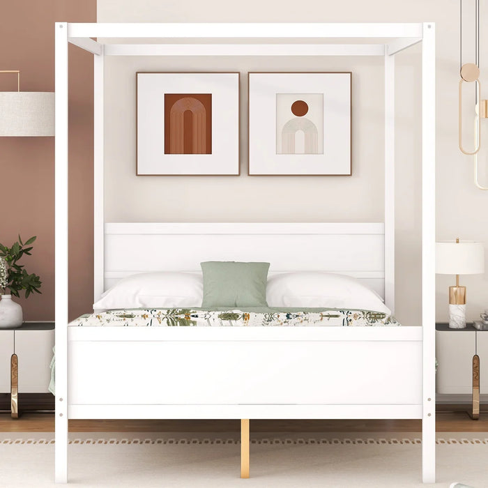 Solid Wood Canopy Bed Frame - Colour White, Size Queen - YP254-N701P254917W