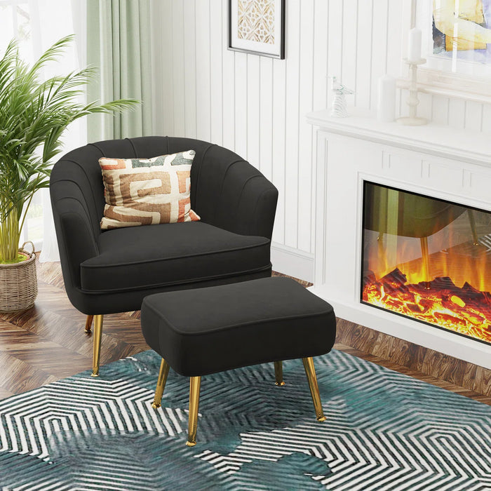 Latonia Upholstered Barrel Chair with Ottoman - Fabric Black Velvet - TP-2055-BK