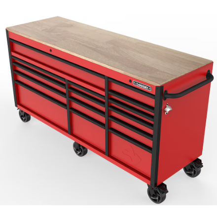 Husky Heavy-Duty 72 inch W x 24 inch D 15-Drawer Mobile Workbench with Wood Top and Tool Workbench Storage Hutch in Red (New)