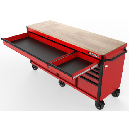 Husky Heavy-Duty 72 inch W x 24 inch D 15-Drawer Mobile Workbench with Wood Top and Tool Workbench Storage Hutch in Red (New)