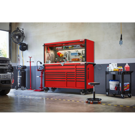 Husky Heavy-Duty 72 inch W x 24 inch D 15-Drawer Mobile Workbench with Wood Top and Tool Workbench Storage Hutch in Red (New)