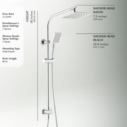 Modern 8-inch 1-Function Wall Mount Rectangle Handshower & Showerhead Kit in Chrome (Used)