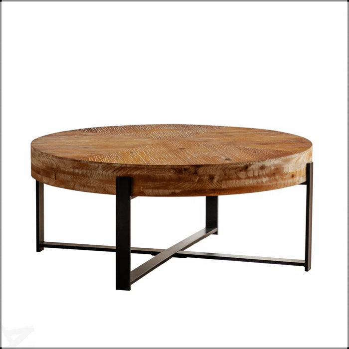 Modern Retro Splicing Round Coffee Table, Fir Wood Top With Gold Cross Legs For Elegant And Durable Home Decor - Size 17.72" H x 33.86" L x 33.86" W, Table Base Colour Black - PWQ1113-W757126237