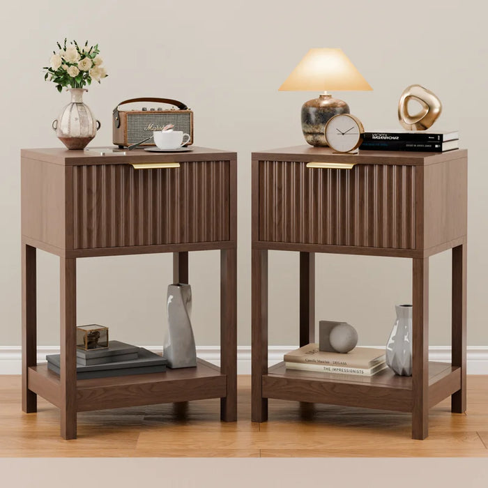 Nightstand Set Of 2, Modern Bedside Table With Storage Drawer And Open Wood Shelf (No Handles) - Colour Walnut Brown - JL20006120X-WF-LXY
