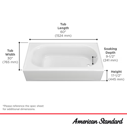 American Standard Princeton PRO Steel 60 x 30-inch Integral Apron Bathtub with Left-Hand Drain in White (New)