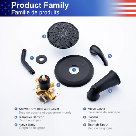 RAINLEX 6 inch Simple Single-Handle 6-Spray Bathtub Shower Faucet in Matte Black (Valve Included) (New)
