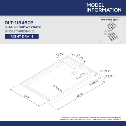 DreamLine SlimLine 60L x 34W x 2.75H in. Acrylic Alcove Shower Base Pan in White, Right Drain with SlipGrip Slip-Resistant Technology (New)