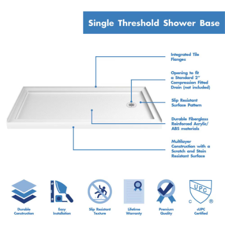 DreamLine SlimLine 60L x 34W x 2.75H in. Acrylic Alcove Shower Base Pan in White, Right Drain with SlipGrip Slip-Resistant Technology (New)