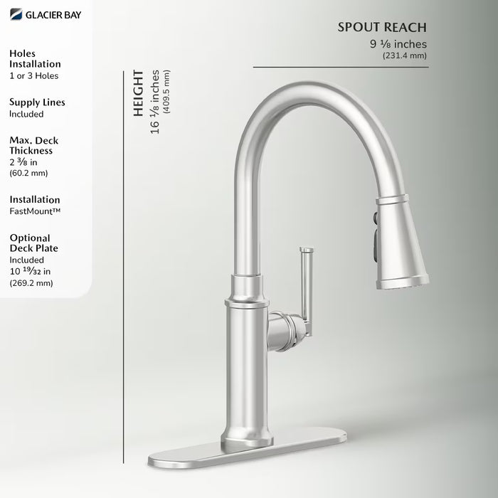 Oswell Single Handle 3-Function Spray Head Pull-Down Kitchen Faucet in Stainless Steel, Valve & Deck Plate Included