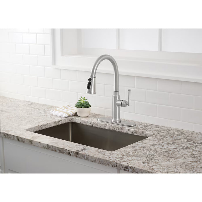 Oswell Single Handle 3-Function Spray Head Pull-Down Kitchen Faucet in Stainless Steel, Valve & Deck Plate Included
