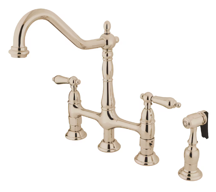 Kingston Brass Heritage 2-Handle Bridge Kitchen Faucet with Side Sprayer in Polished Nickel