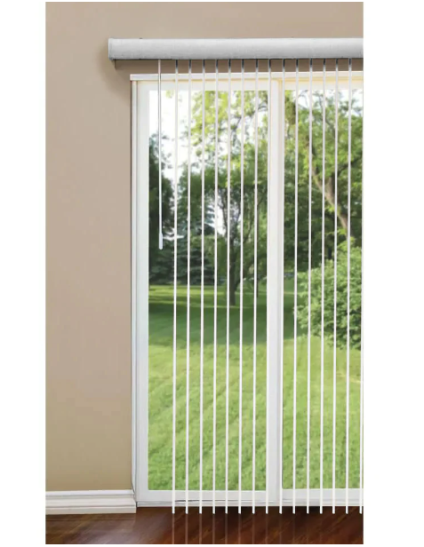 Home Decorators Collection Faux Wood White Cordless Room Darkening Vertical Blinds for Sliding Doors Kit with 3.5 in. Slats - 66 in. W x 84 in. L (New)