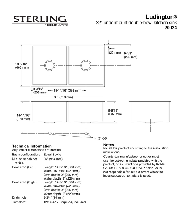 Ludington 32” Undermount Double-Bowl Kitchen Sink (new)