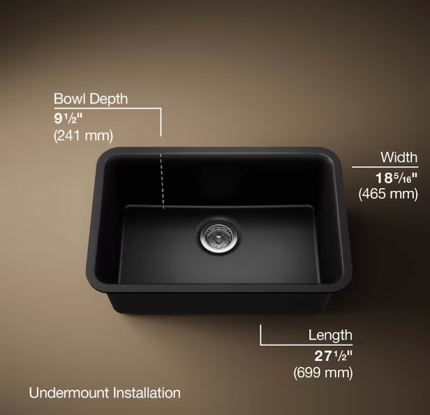 KOHLER Matte Black Cairn Neoroc Granite Composite 27-1/2-Inch x 18-5/16-Inch x 9-1/2-Inch Single-Bowl Undermount Kitchen Sink (New)