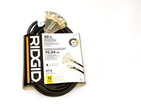 RIDGID 12Ga. Heavy Duty Rubber Extension Cord 50Ft Lighted Fantail End (Sjow)