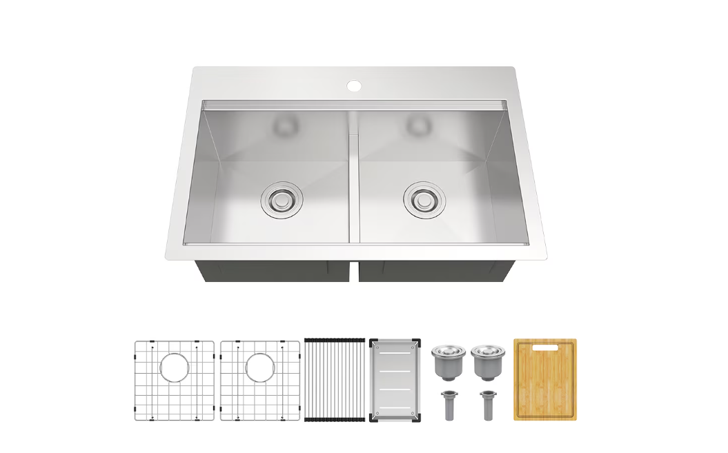 31.5 in. W 1-Hole Double Bowl Rectangular Stainless Steel Dual Mount Kitchen Workstation Sink Combo (NEW)