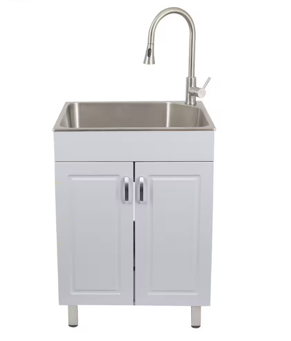 Presenza W24.1 in. X D21.3 in. X H33.8 in. Large Stainless Steel Utility Sink with Pull-down Faucet and Storage Cabinet in Light Gray (NEW)
