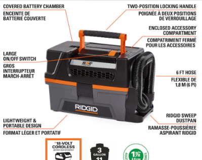RIDGID 11L (3 Gal.) 18V Cordless Wet Dry Shop Vacuum with Expandable Hose and Accessories (Tool-Only)