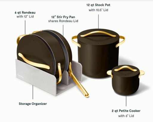 8-piece cookware set featuring various pots, pans, and a storage organizer, designed for precision cooking.