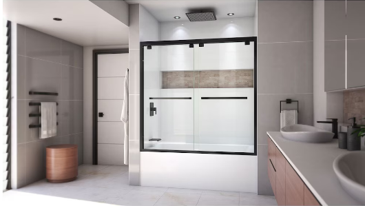 DreamLine Encore 56 to 60 in. W x 58 in. H Semi-Frameless Bypass Sliding Bathtub Door in Matte Black with 8mm Clear Tempered Glass