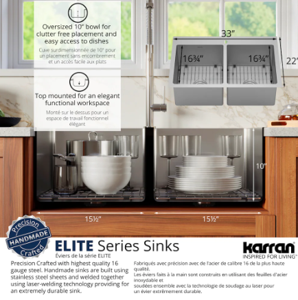 Karran 33 inch Top Mount Double Equal Bowl Stainless Steel Kitchen Sink Kit