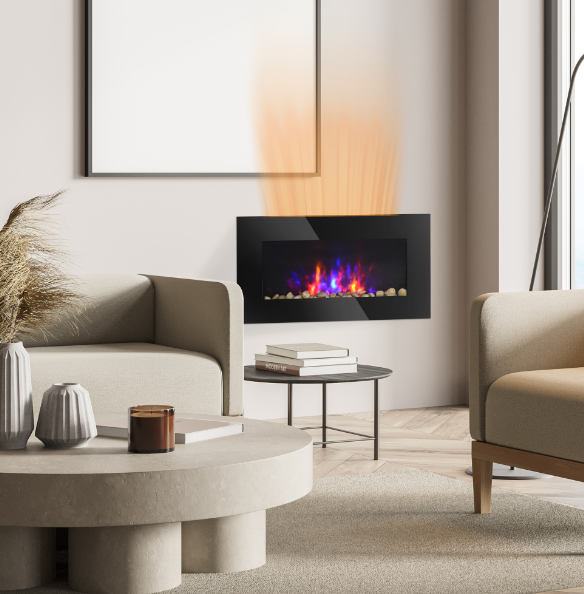 HOMCOM 28.5 Inch Modern Electric Fireplace, Wall Mounted Fireplace with Patented LED Flame Effect and 7 Colors, Black