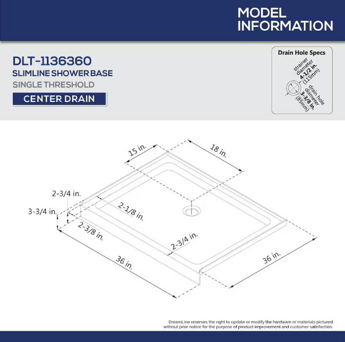 DreamLine SlimLine 36L x 36W x 2.75H in. Square Acrylic Alcove Shower Base Pan in White, Centre Drain with SlipGrip Slip-Resistant Technology