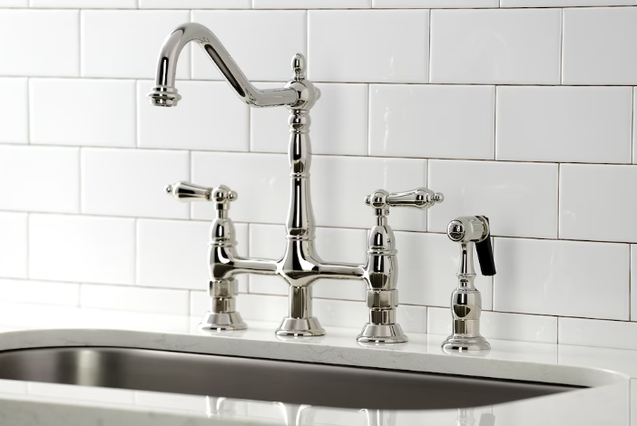 Kingston Brass Heritage 2-Handle Bridge Kitchen Faucet with Side Sprayer in Polished Nickel