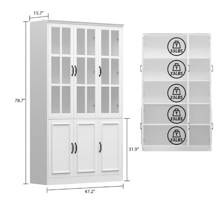 FUFU&GAGA White 6-Door Wooden Food Pantry/Storage, Sideboard Buffet with Tempered Glass Doors & Adjustable Shelves