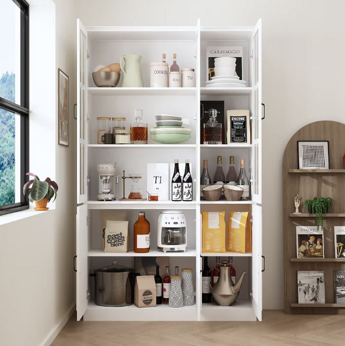 FUFU&GAGA White 6-Door Wooden Food Pantry/Storage, Sideboard Buffet with Tempered Glass Doors & Adjustable Shelves