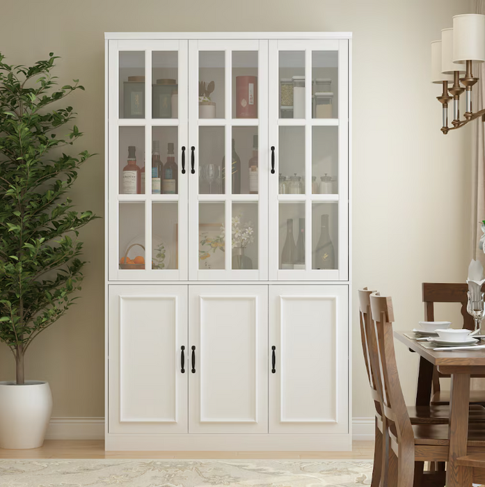 FUFU&GAGA White 6-Door Wooden Food Pantry/Storage, Sideboard Buffet with Tempered Glass Doors & Adjustable Shelves