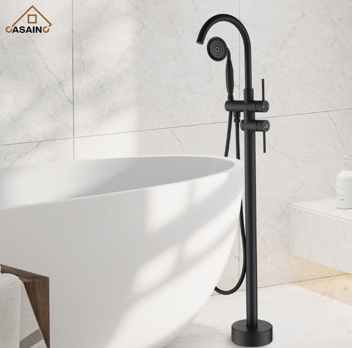 CASAINC Freestanding Bathtub Faucet with Hand Held Shower and Double Handle in Matte Black