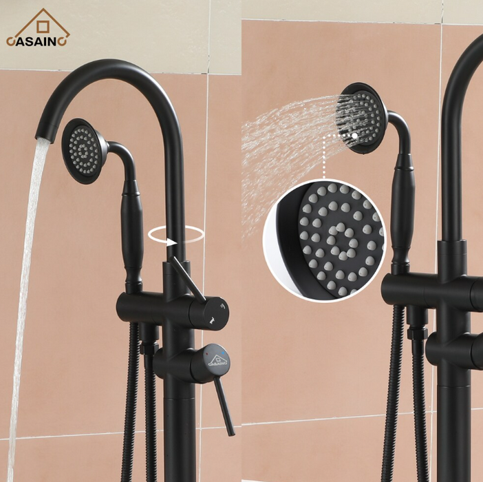 CASAINC Freestanding Bathtub Faucet with Hand Held Shower and Double Handle in Matte Black
