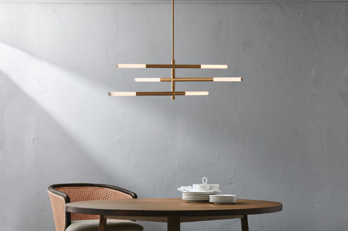 GlucksteinElements Bristol 1-Light 19.5-inch H Integrated LED Pendant Features 3 Rods of LED in Brass Gold Finish with Milk White Shade