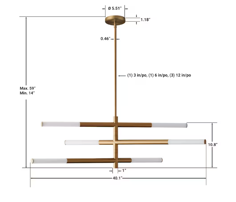GlucksteinElements Bristol 1-Light 19.5-inch H Integrated LED Pendant Features 3 Rods of LED in Brass Gold Finish with Milk White Shade