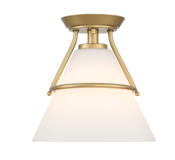 Greylock 10-inch. 1-Light Vintage Gold Cone Semi-Flush Ceiling Light with White Opal Glass Shade (New)