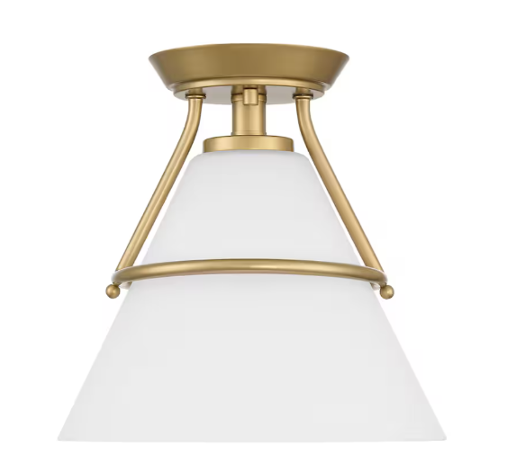 Greylock 10-inch. 1-Light Vintage Gold Cone Semi-Flush Ceiling Light with White Opal Glass Shade (New)