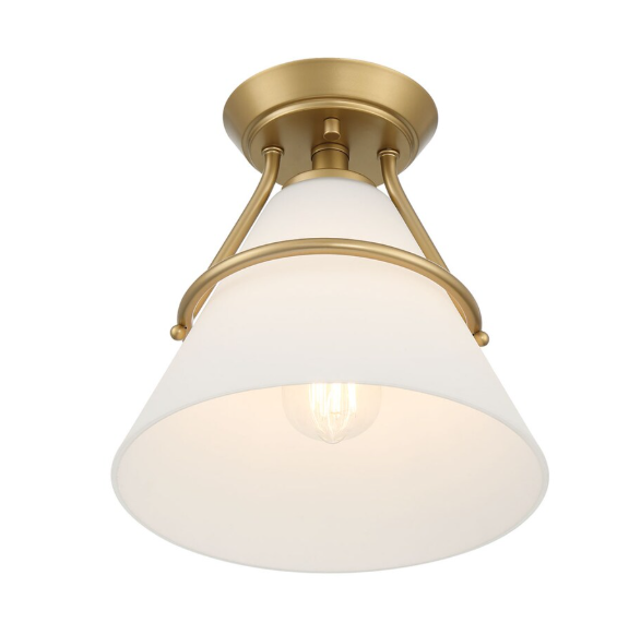 Greylock 10-inch. 1-Light Vintage Gold Cone Semi-Flush Ceiling Light with White Opal Glass Shade (New)