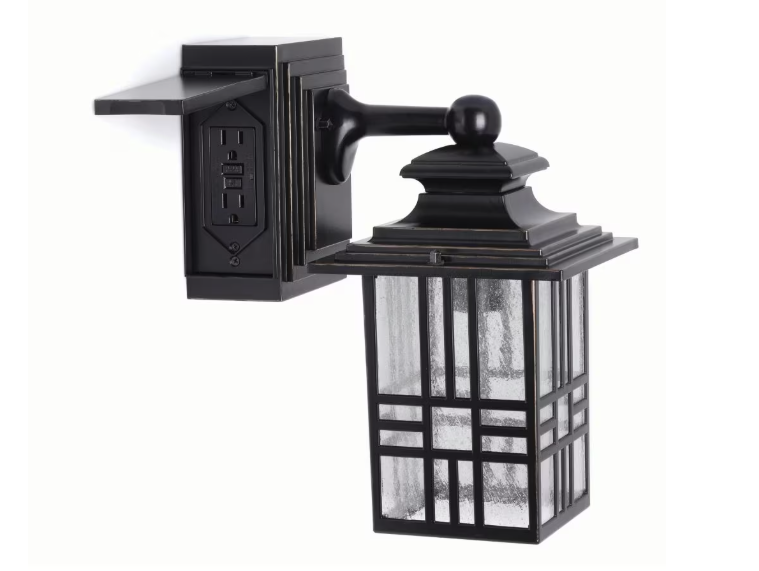 Black and Bronze Outdoor Wall Lantern with Built-In Electrical Outlet (New)