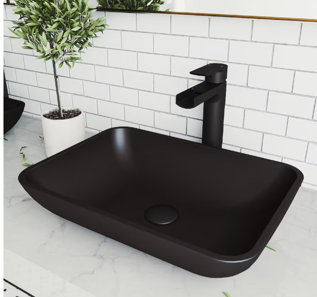 VIGO Sottile 18"L x 13"W x 4"H Modern Glass Rectangular Vessel Bathroom Sink in Black (New)