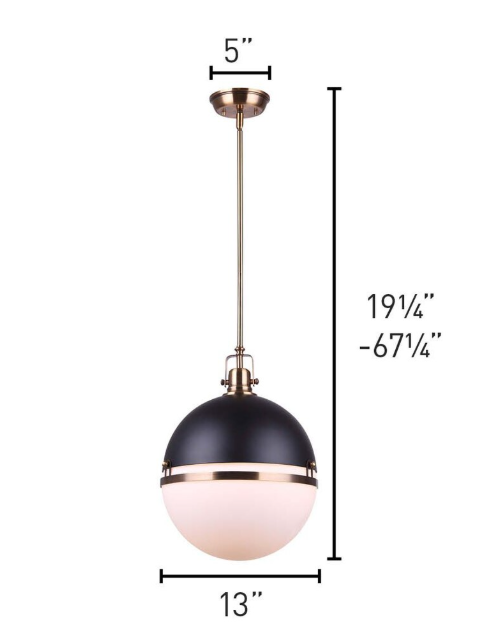 Canarm Nyla 1-Light Matte Black and Gold Pendant with Opal Glass (New)