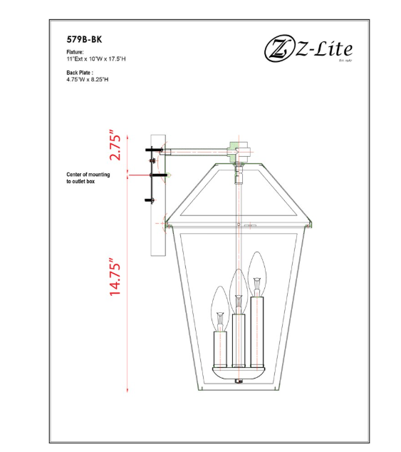 Z-Lite Talbot 3 Light Outdoor Wall Sconce in Black (New)